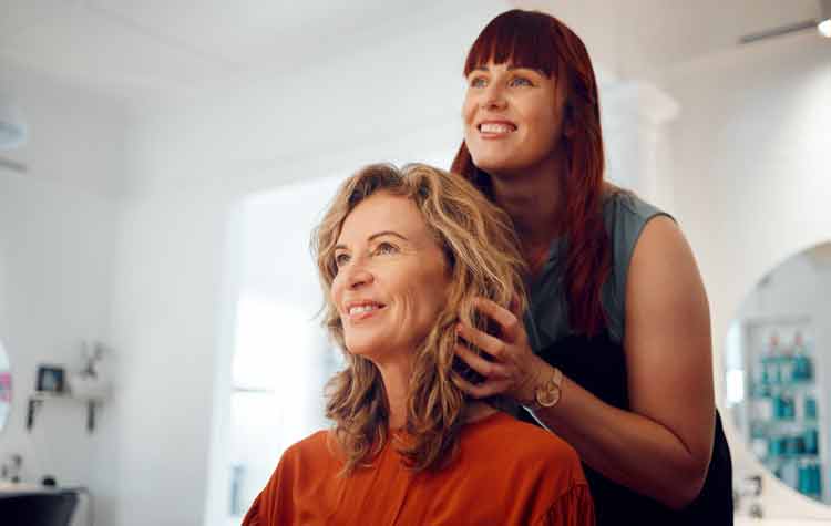 . Happy customer, stylish hairstyle cosmetic treatment and luxury beauty salon worker.