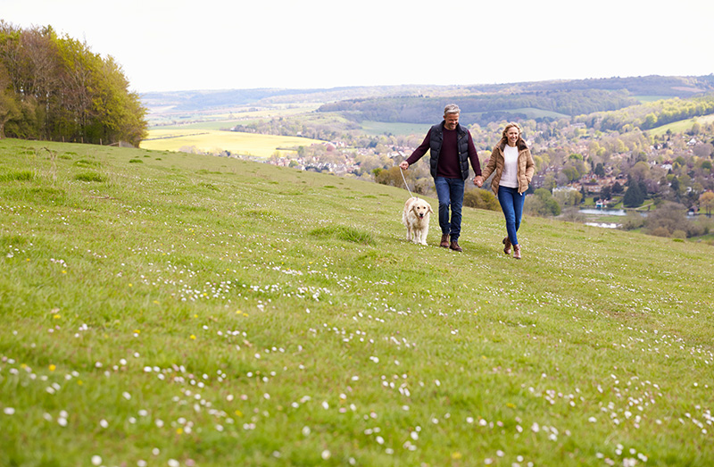 Mature couple walking their dog in the countryside