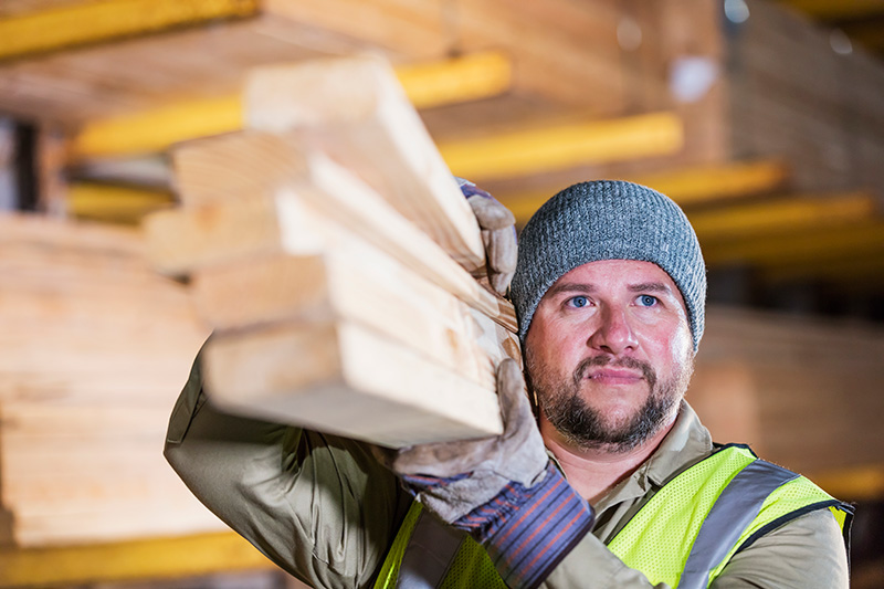 Builder carrying planks of wood on his shoulder